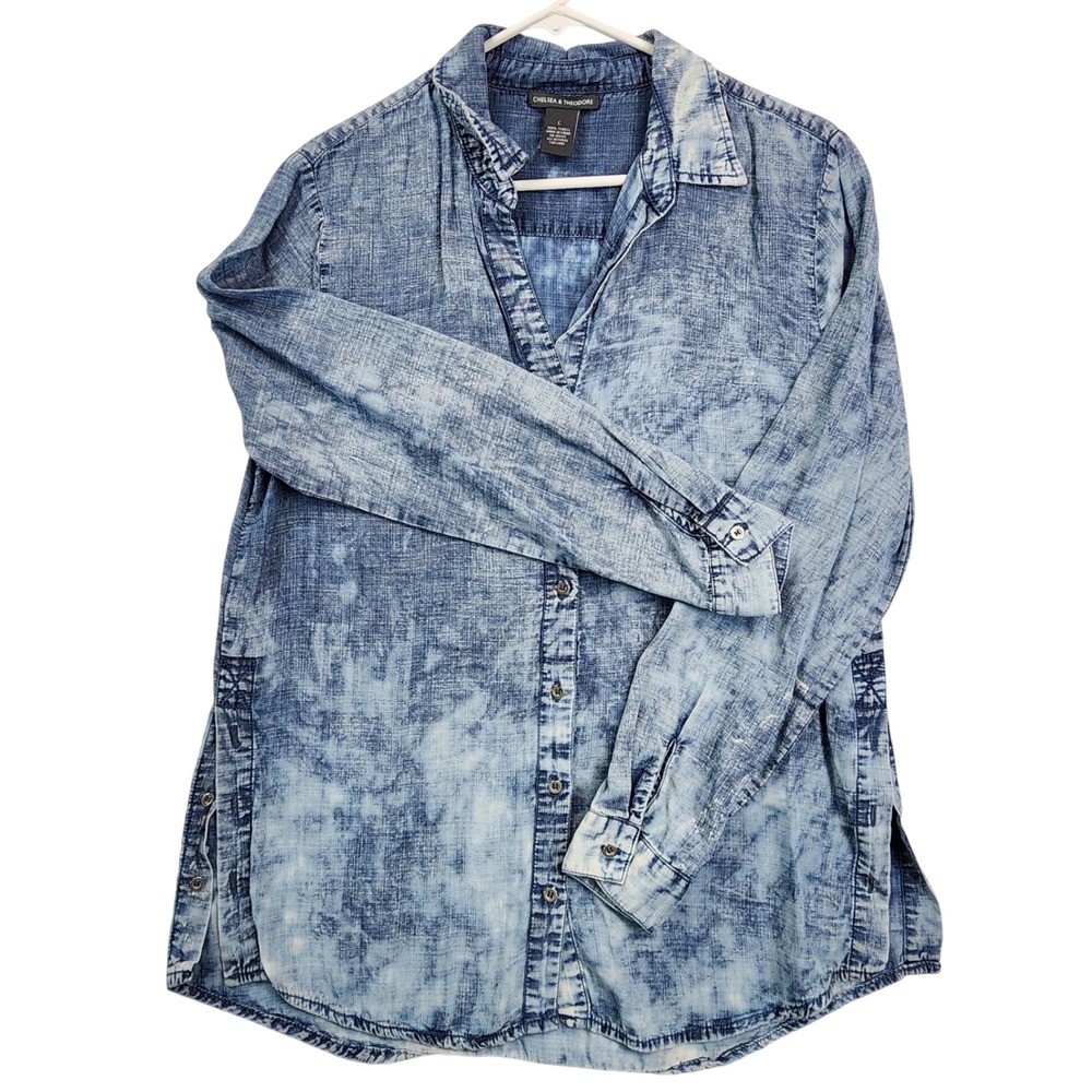 Chelsea & Theodore Blue Acid Wash Tencel Button Down Shirt Boho Grunge Western L